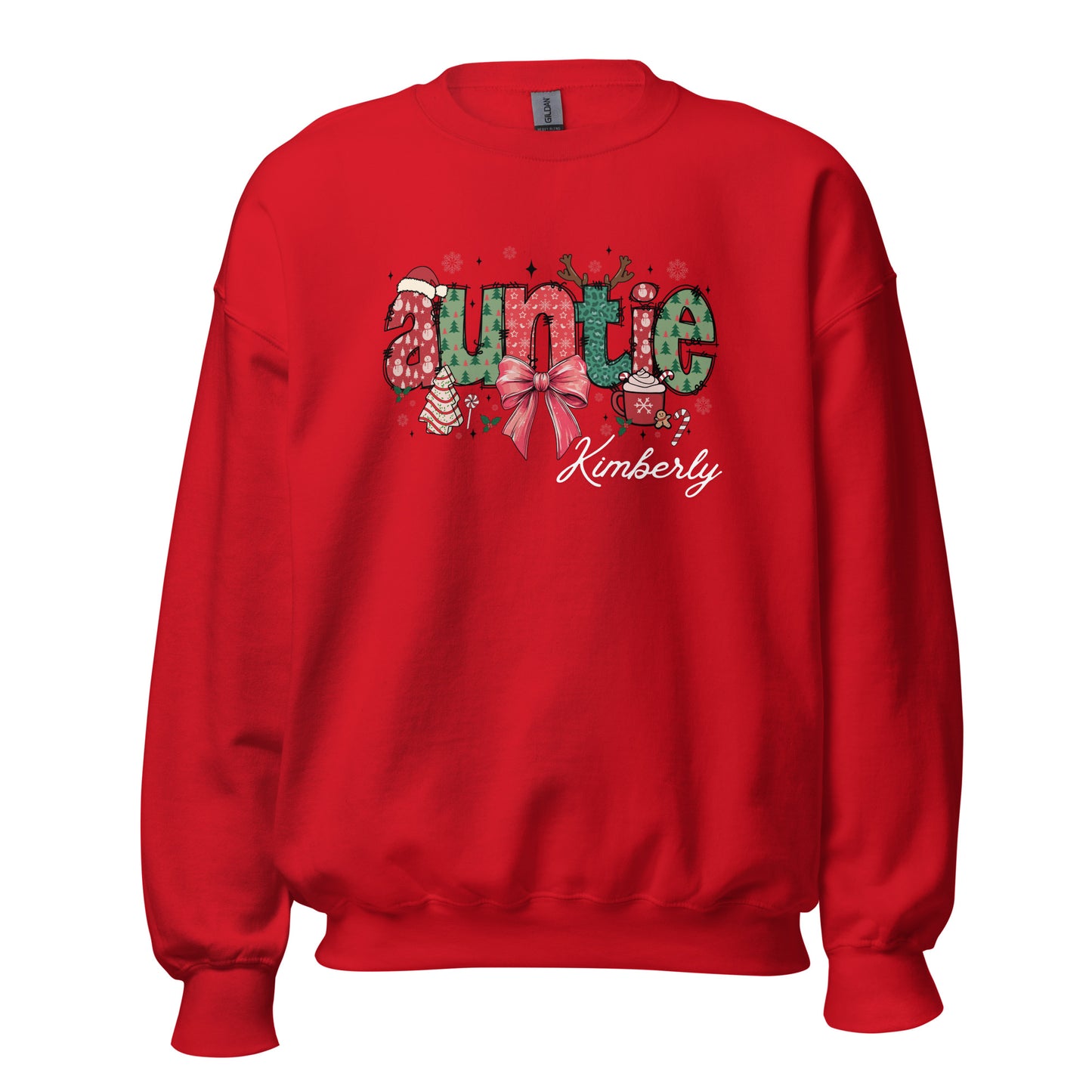 Festive ‘Auntie’ Christmas sweatshirt with bow, Santa hat, and tree, customizable with name.”