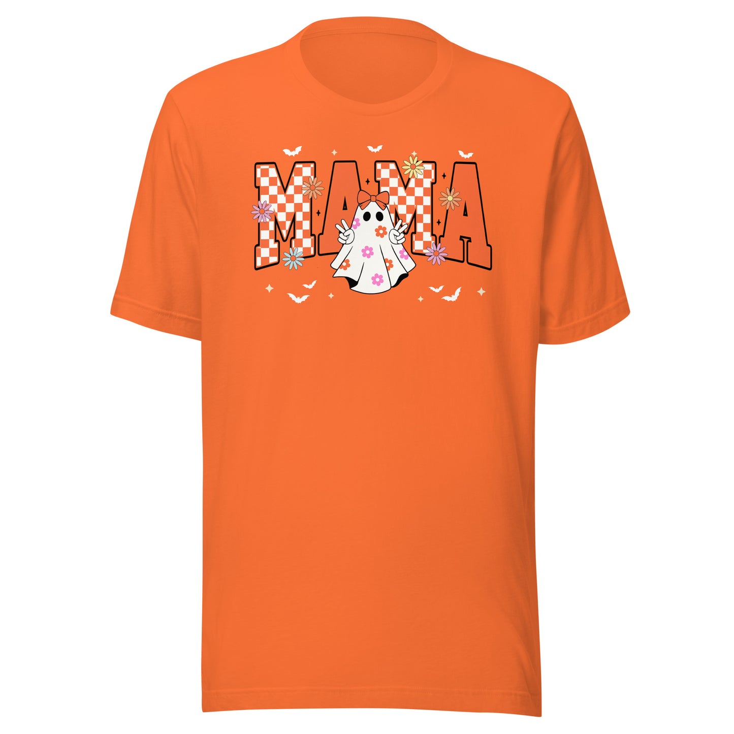 Groovy Momma Halloween t-shirt in orange with ghost and lightning bolt design – retro spooky women’s tee