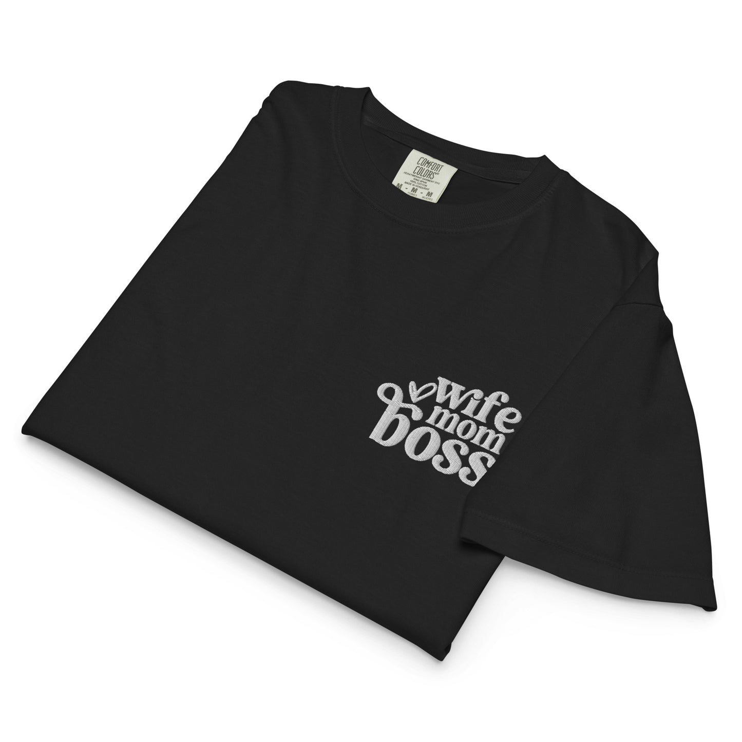 Black embroidered T-shirt with white Wife Mom Boss text on left chest Close Up