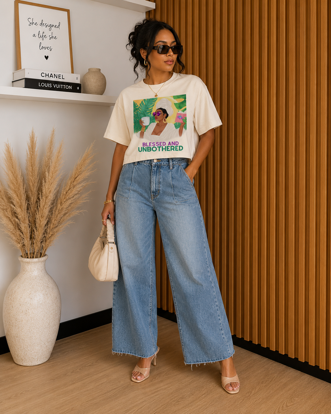 Woman wearing Blessed & Unbothered Peace of Mind Graphic Women’s Boxy Tee in ivory with jeans