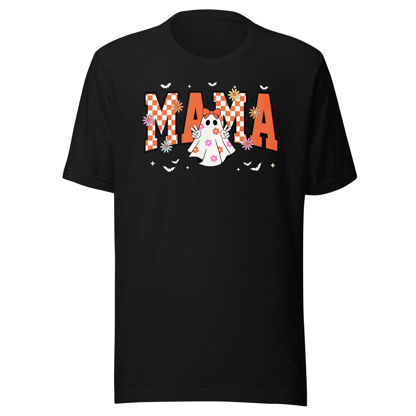 Groovy Momma Halloween t-shirt in black with ghost and lightning bolt design – retro spooky women’s tee