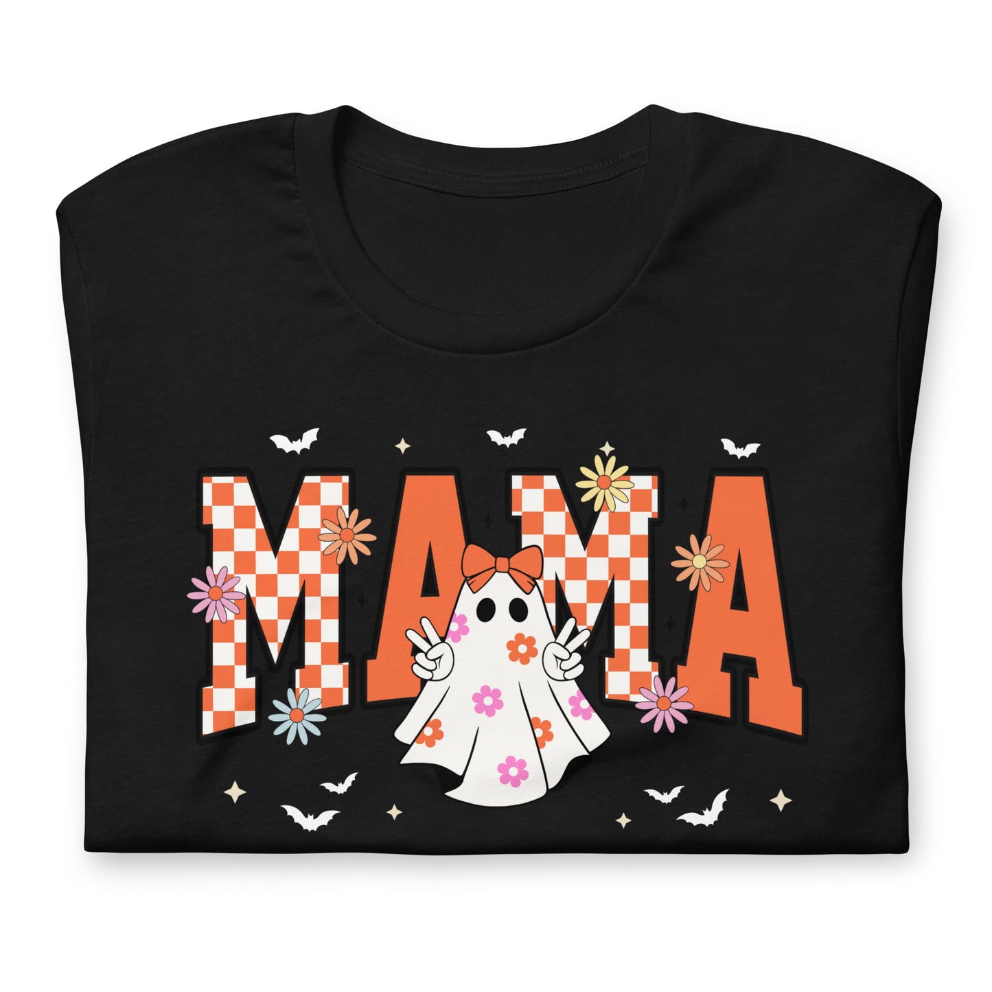 Folded Groovy Momma Halloween tee in black with ghost and lightning bolt graphic – women’s retro Halloween shirt