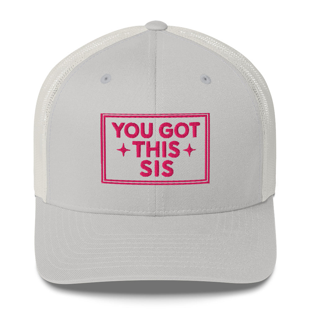 You Got This trucker hat with pink embroidery grey front white mesh back affirmation hat for women