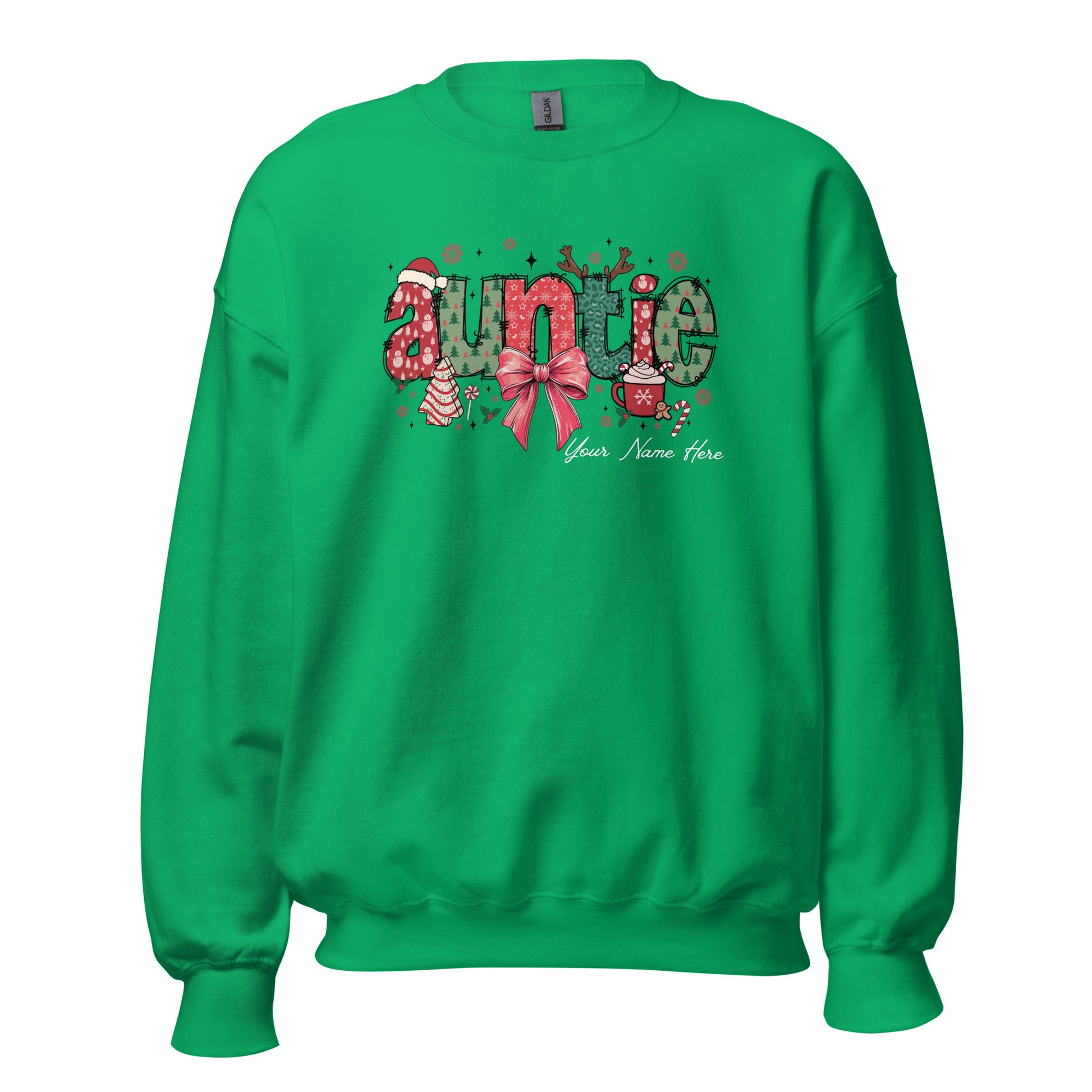 Festive ‘Auntie’ Christmas sweatshirt in green 
with bow, Santa hat, and tree, customizable with name.