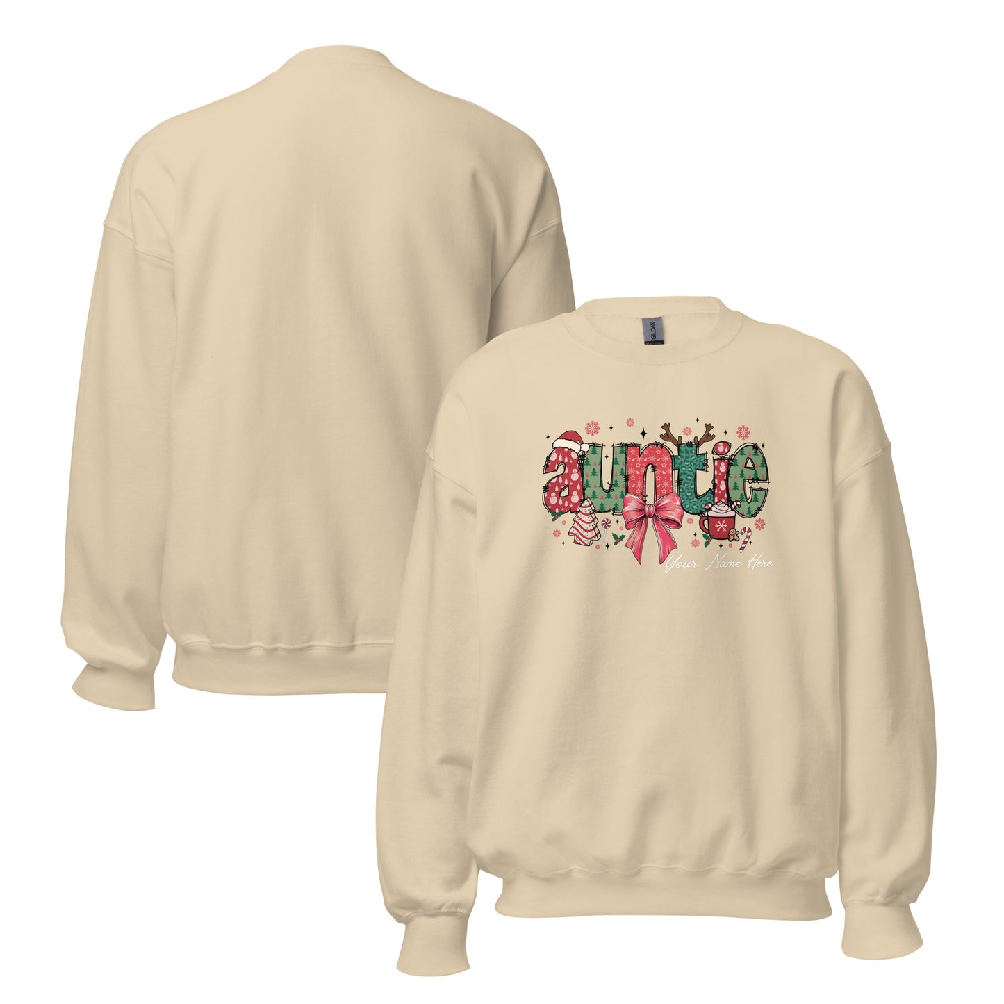 Festive ‘Auntie’ Christmas sweatshirt with bow, Santa hat, and tree, customizable with name.”Festive ‘Auntie’ Christmas sweatshirt with bow, Santa hat, and tree, customizable with name. Front and Back in Cream color.
