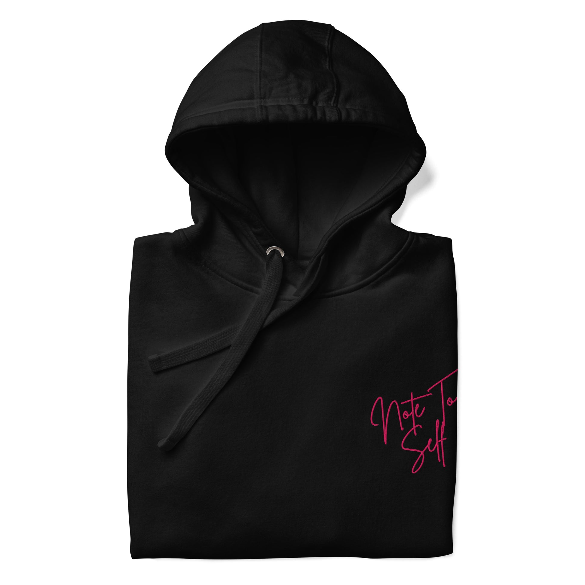 Embroidered Note to Self hoodie, inspirational clothing in black with pink writing zoomed in