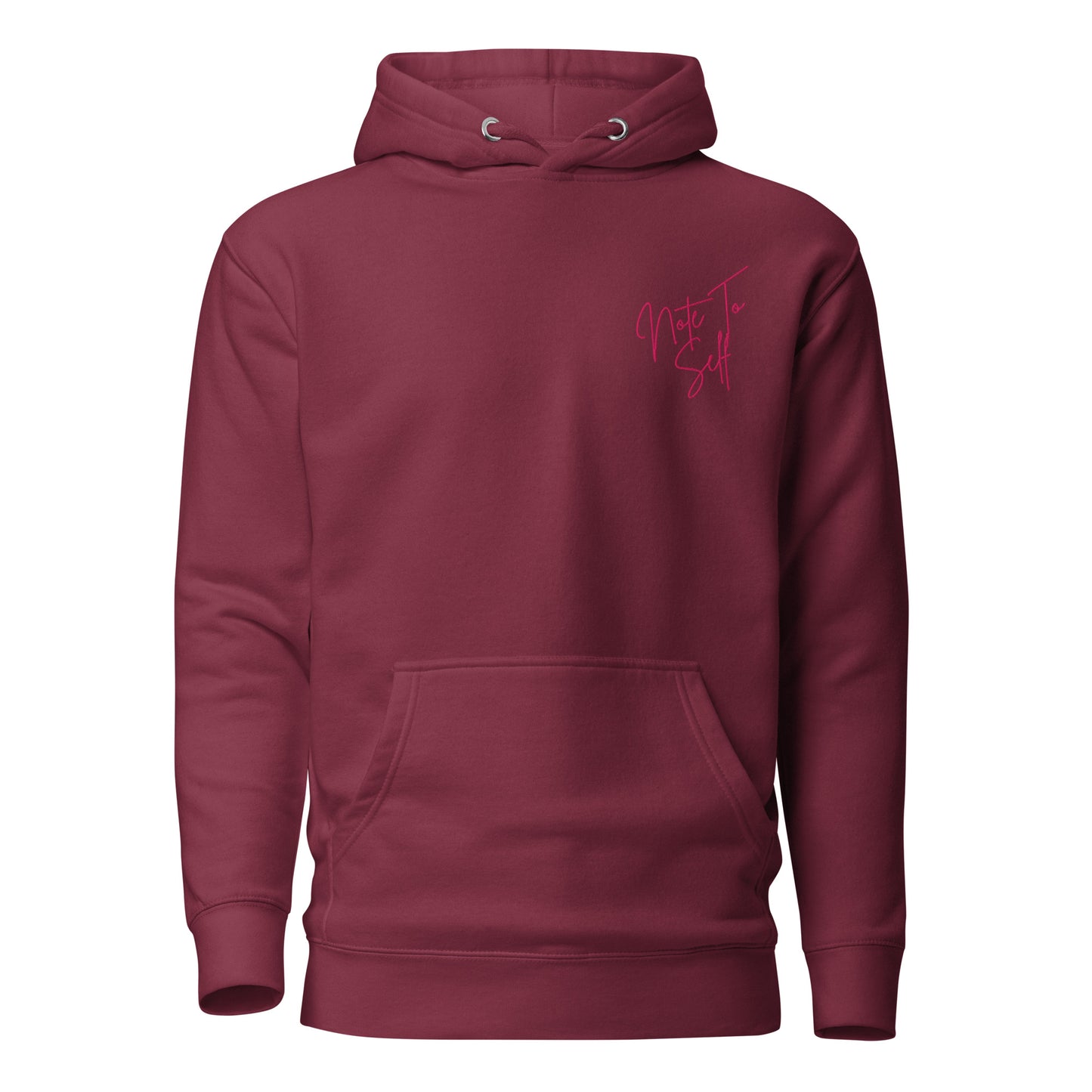 Maroon hoodie with a corn embroidered Note to Self on the chest in pink writing against a white background