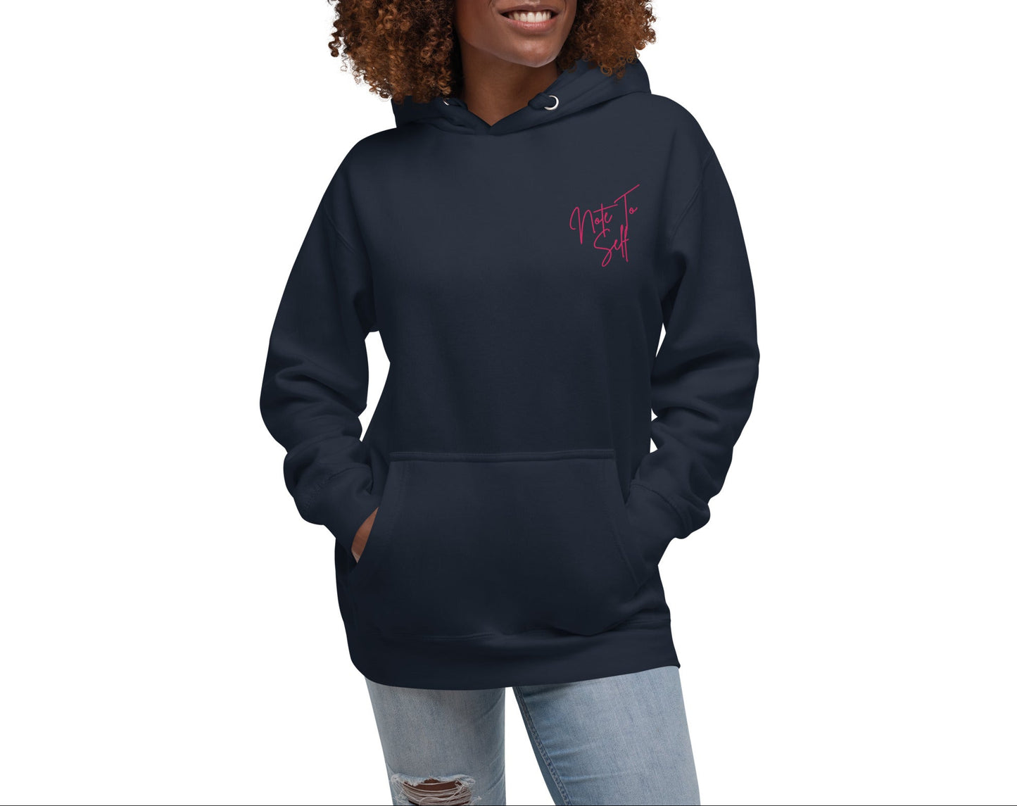 Embroidered Note to Self hoodie, inspirational clothing in navy with pink writing zoomed in