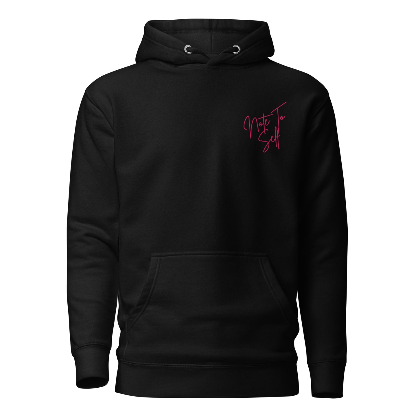 Embroidered Note to Self hoodie, inspirational clothing in black with pink writing zoomed in