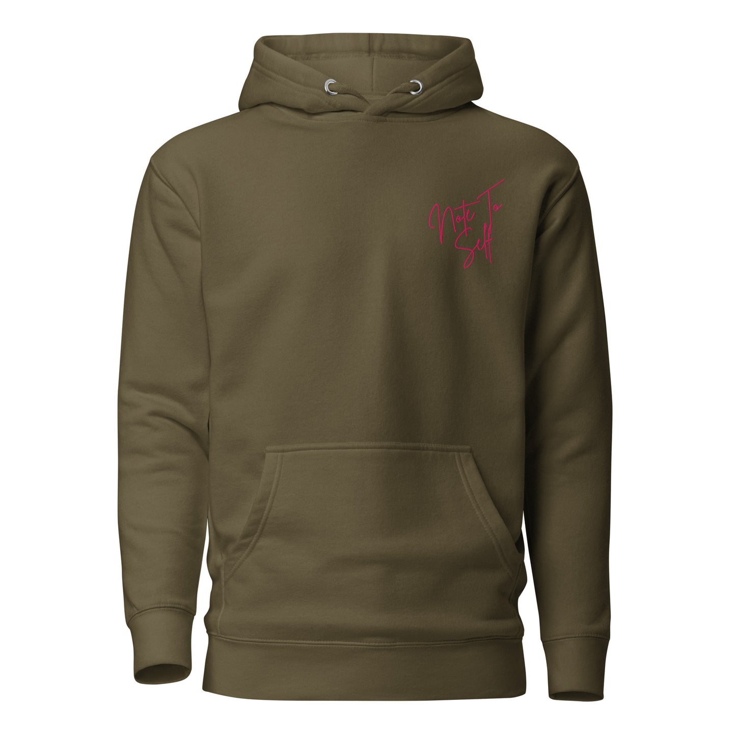 Embroidered Note to Self hoodie, inspirational clothing in olive green with pink writing 