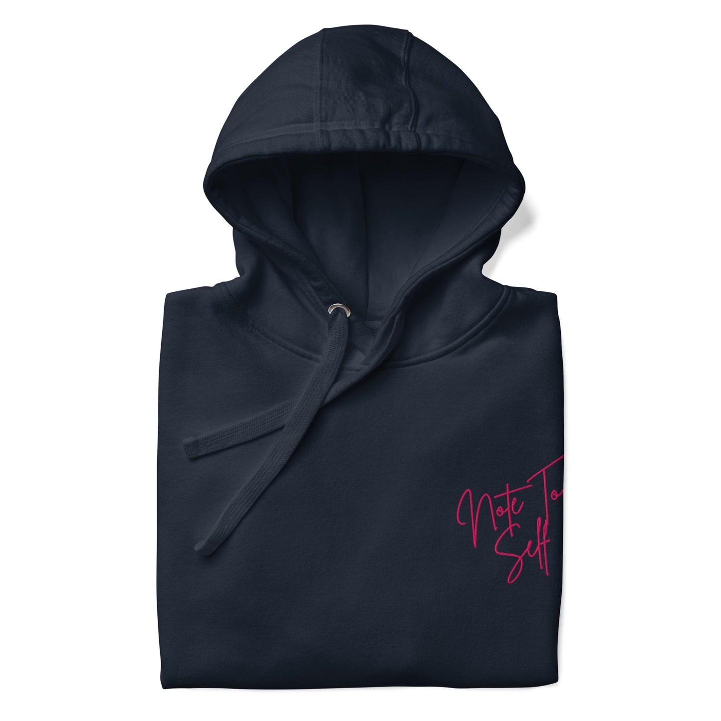 Embroidered Note to Self hoodie, inspirational clothing in navy with pink writing zoomed in