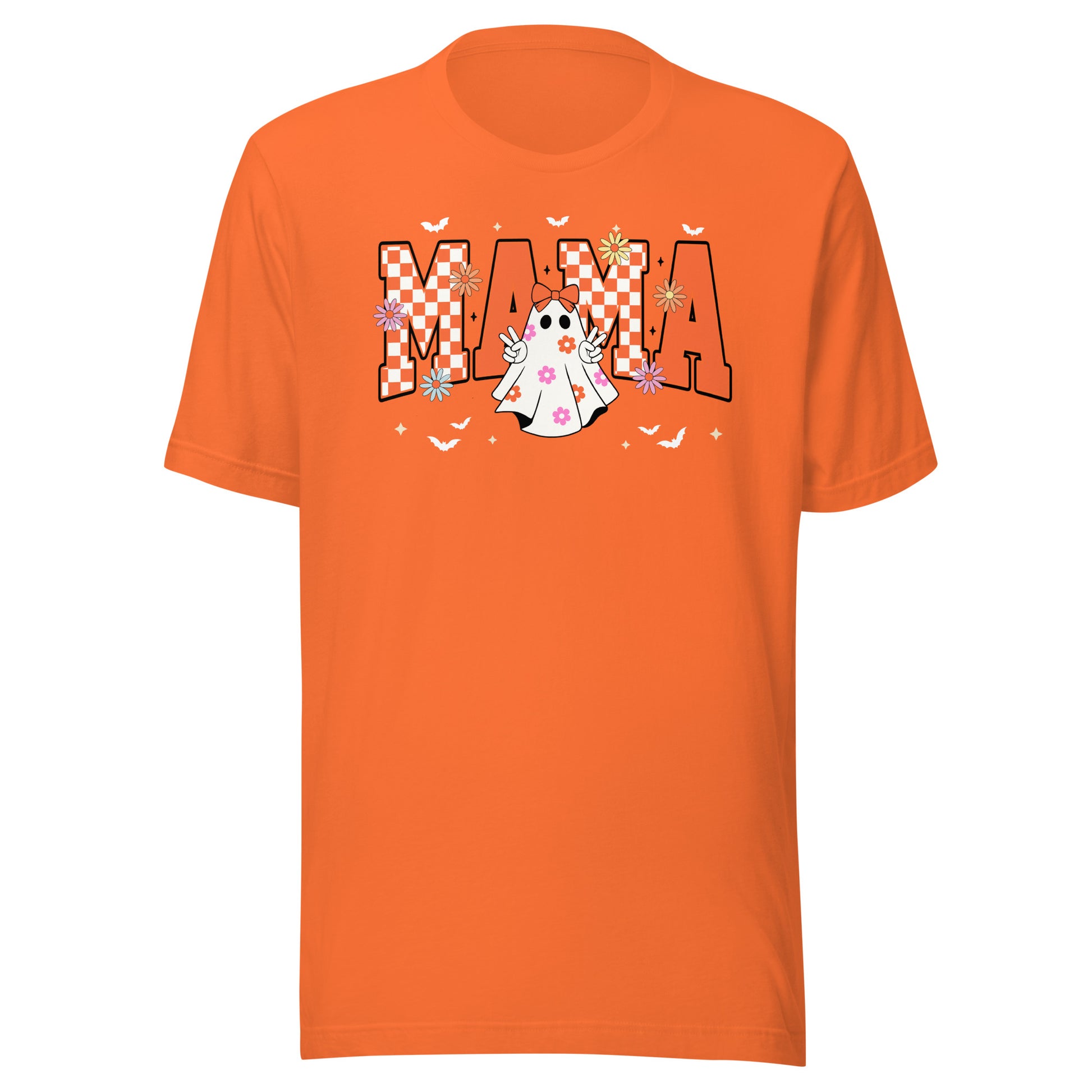 Groovy Momma Halloween t-shirt in orange with ghost and lightning bolt design – retro spooky women’s tee
