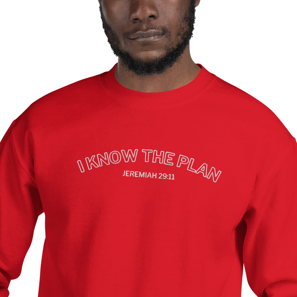 I Know the Plan embroidered sweatshirt Jeremiah 29:11 in red close up on a male model