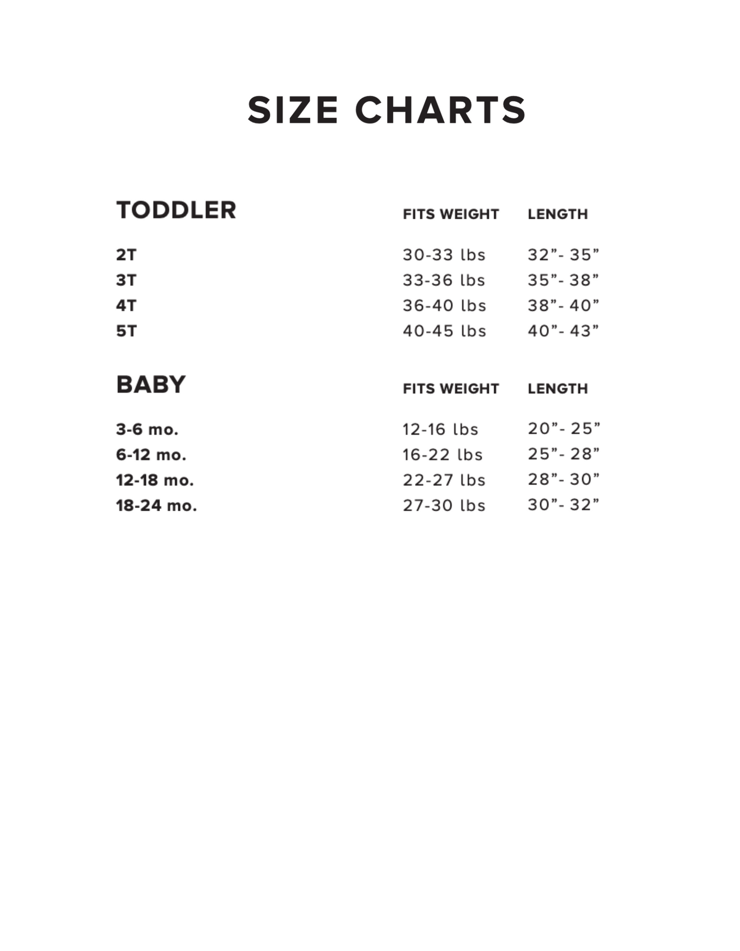Bella Canvas Toddler and Baby Size Chart 
