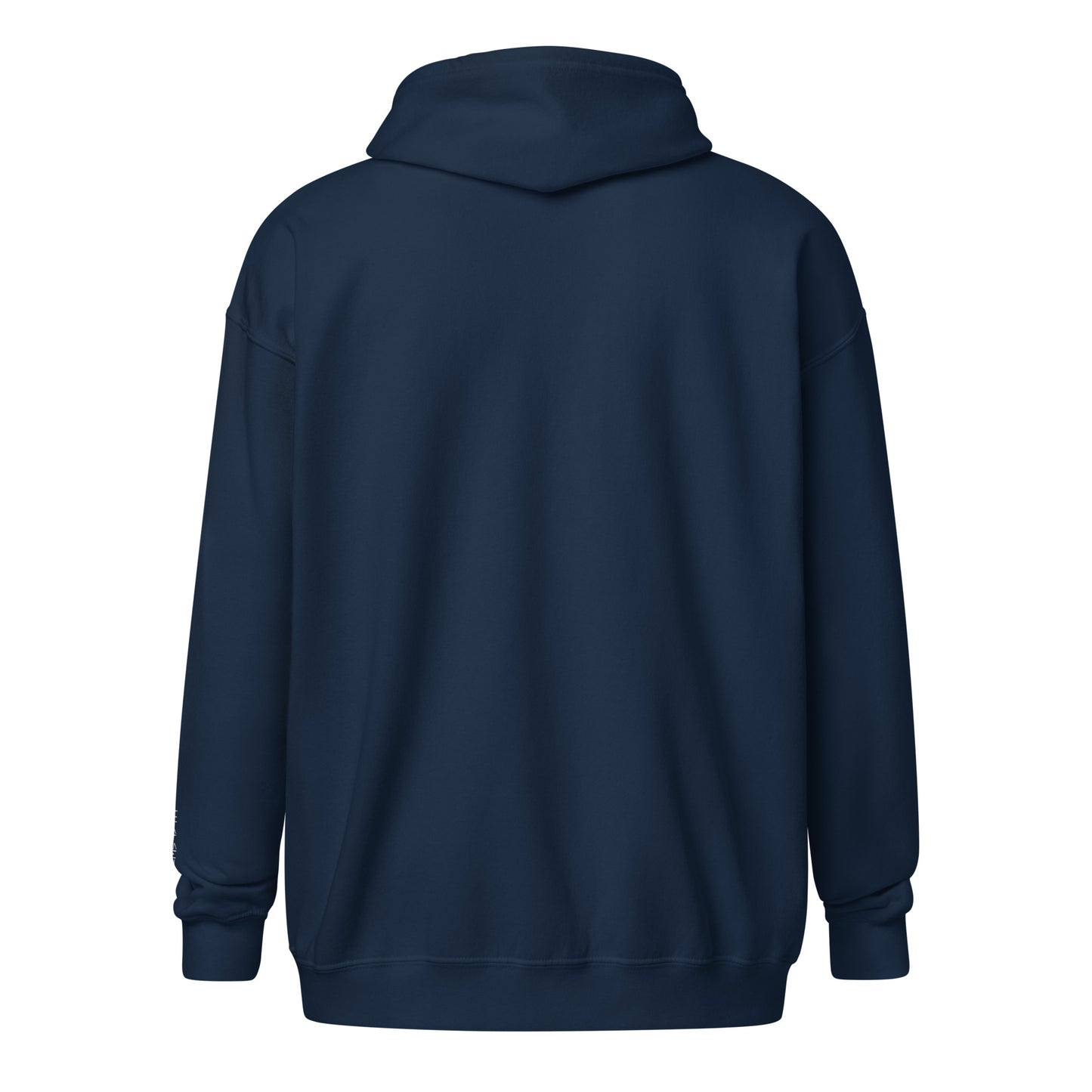 Vibe embroidered Christian zip-up hoodie in navy with white embroidery and Psalm 139:14 on sleeve back