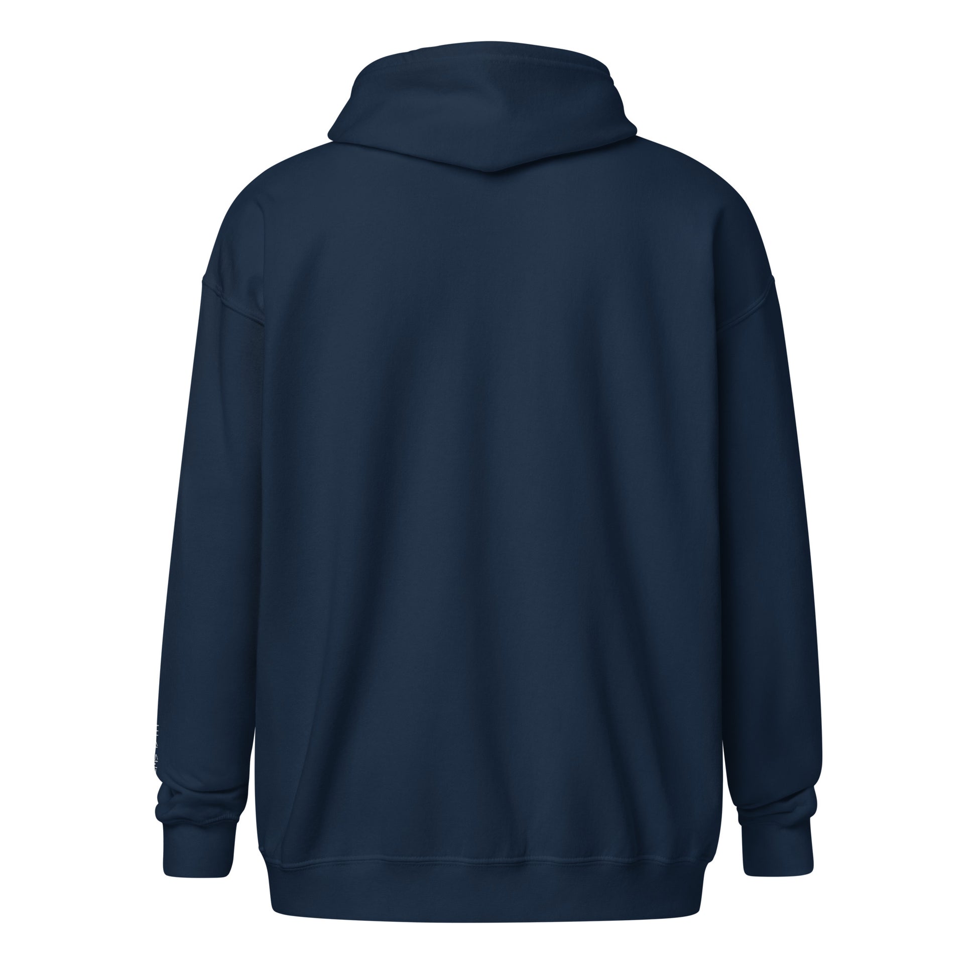 Vibe embroidered Christian zip-up hoodie in navy with white embroidery and Psalm 139:14 on sleeve back