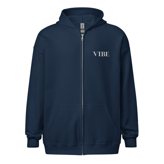 Vibe embroidered Christian zip-up hoodie in navy with white embroidery and Psalm 139:14 on sleeve front view