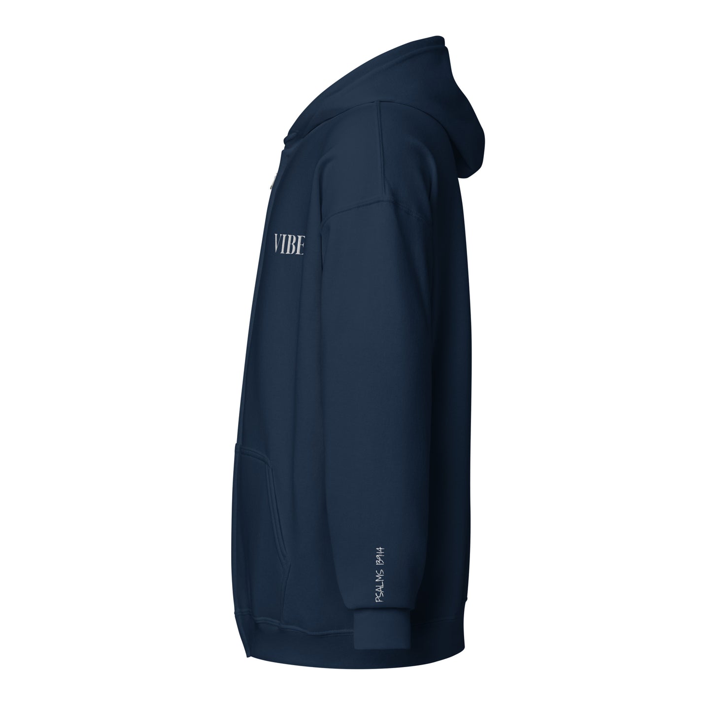 Vibe embroidered Christian zip-up hoodie in navy with white embroidery and Psalm 139:14 on sleeve side view