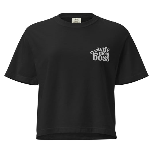 Black embroidered T-shirt with white Wife Mom Boss text on left chest front