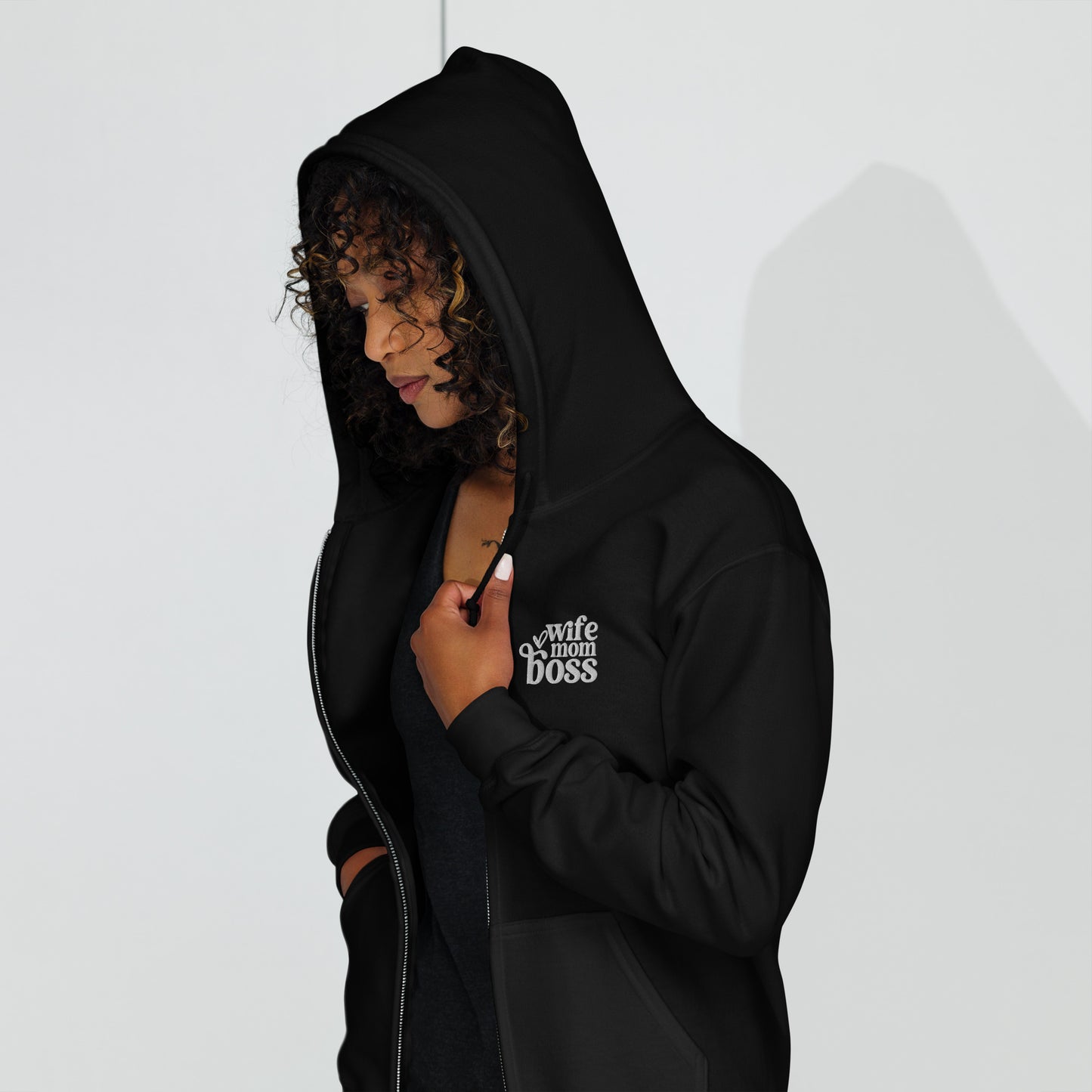 cozy embroidered wife mom boss sweatshirt zip up hoodie