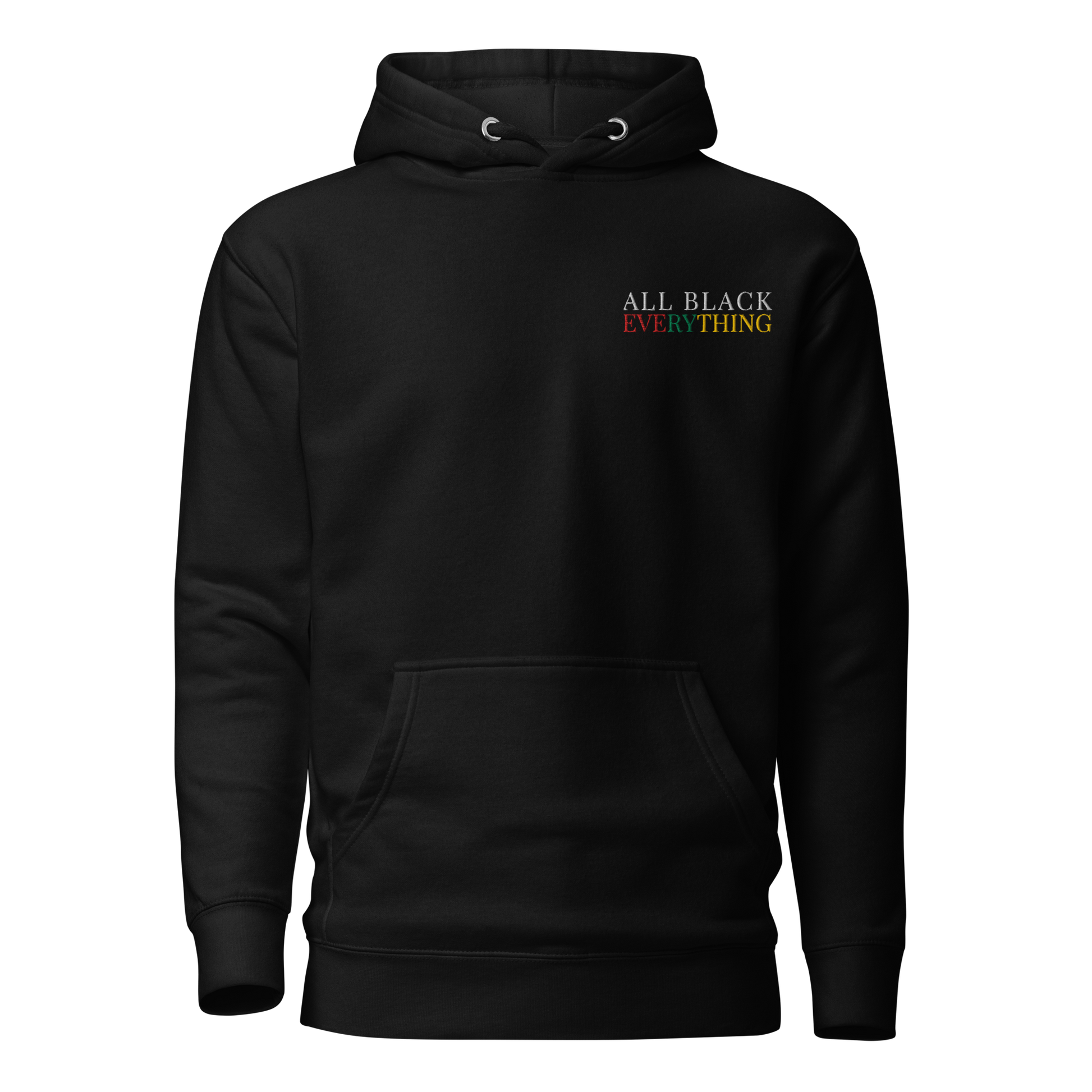 All black unisex cotton hoodie with embroidered text All Black in white thread, everything in red, green and yellow on a white background.  