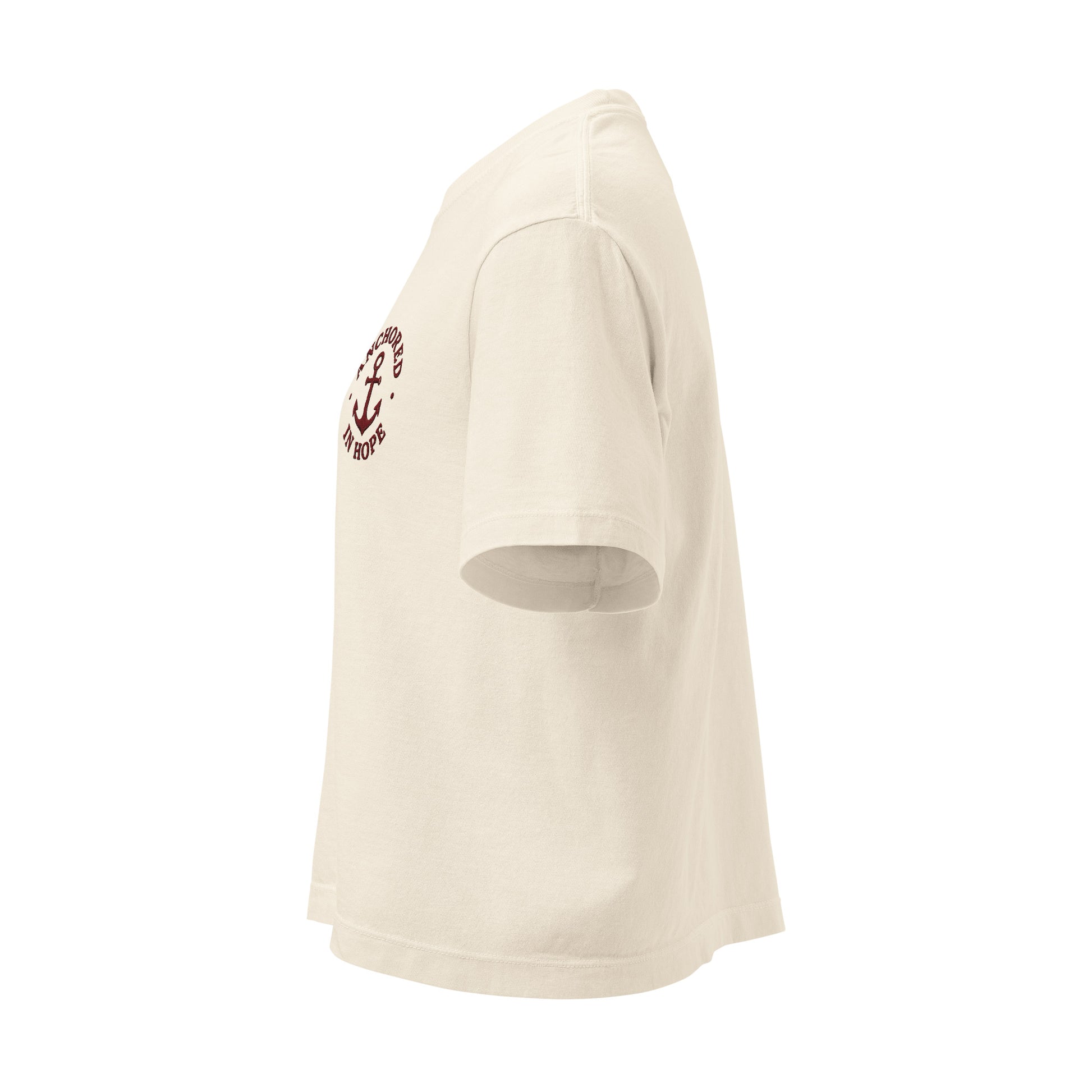 Anchored in Hope Women’s Boxy Tee side view in ivory with burgundy anchor design