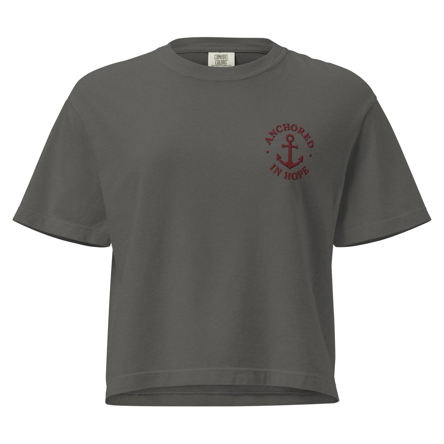 Anchored in Hope Women’s Boxy Tee in pepper with burgundy anchor design
