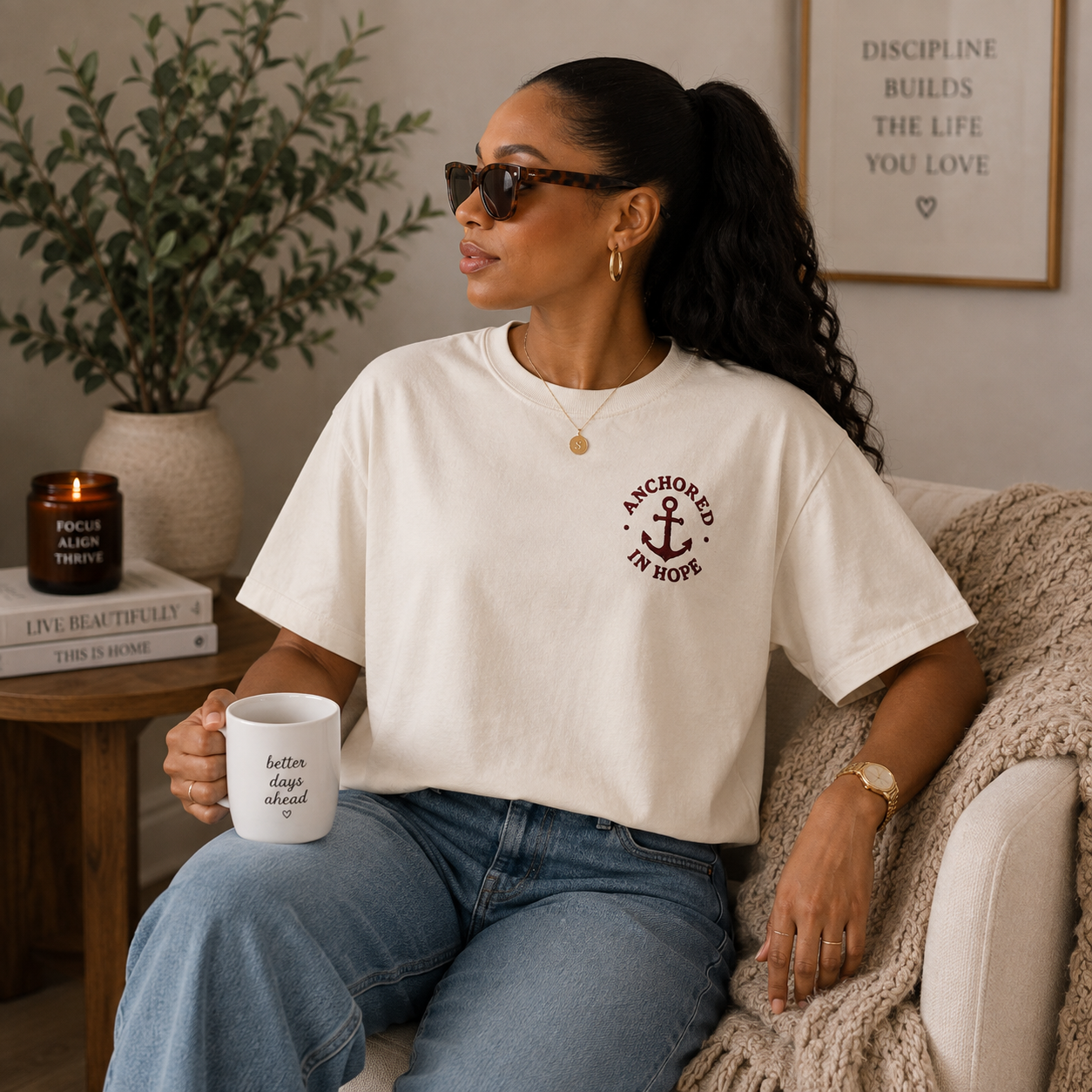Woman wearing Anchored in Hope Women’s Boxy Tee in ivory with jeans