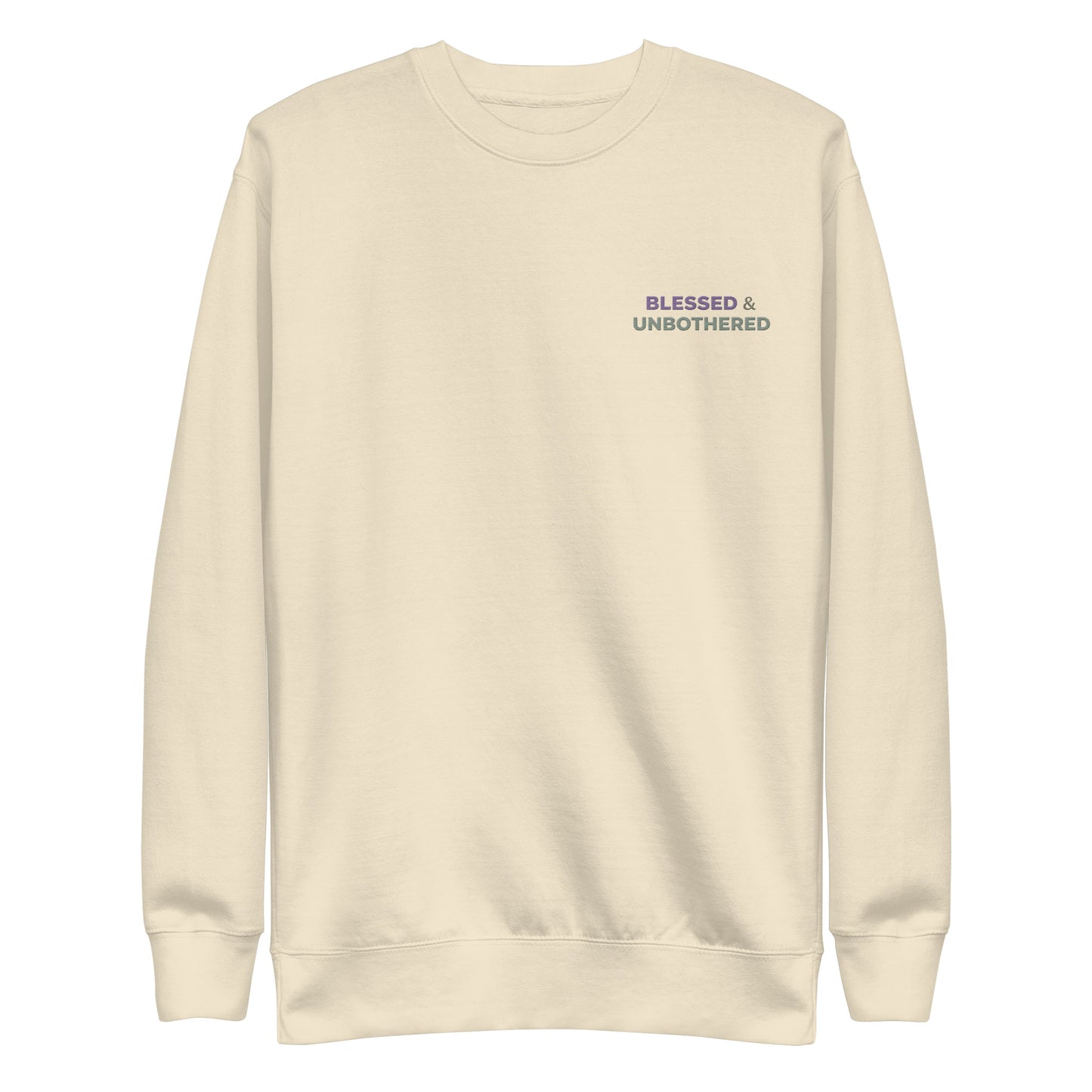 Blessed and Unbothered embroidered crewneck sweatshirt purple and sage minimal left chest design
