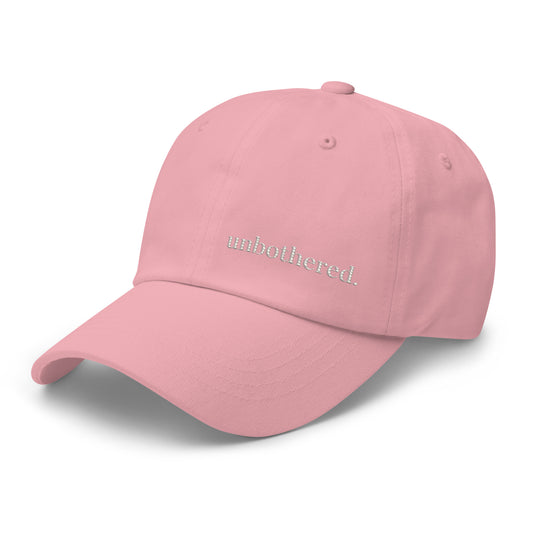 Unbothered embroidered dad hat pink minimalist baseball cap left side front view 