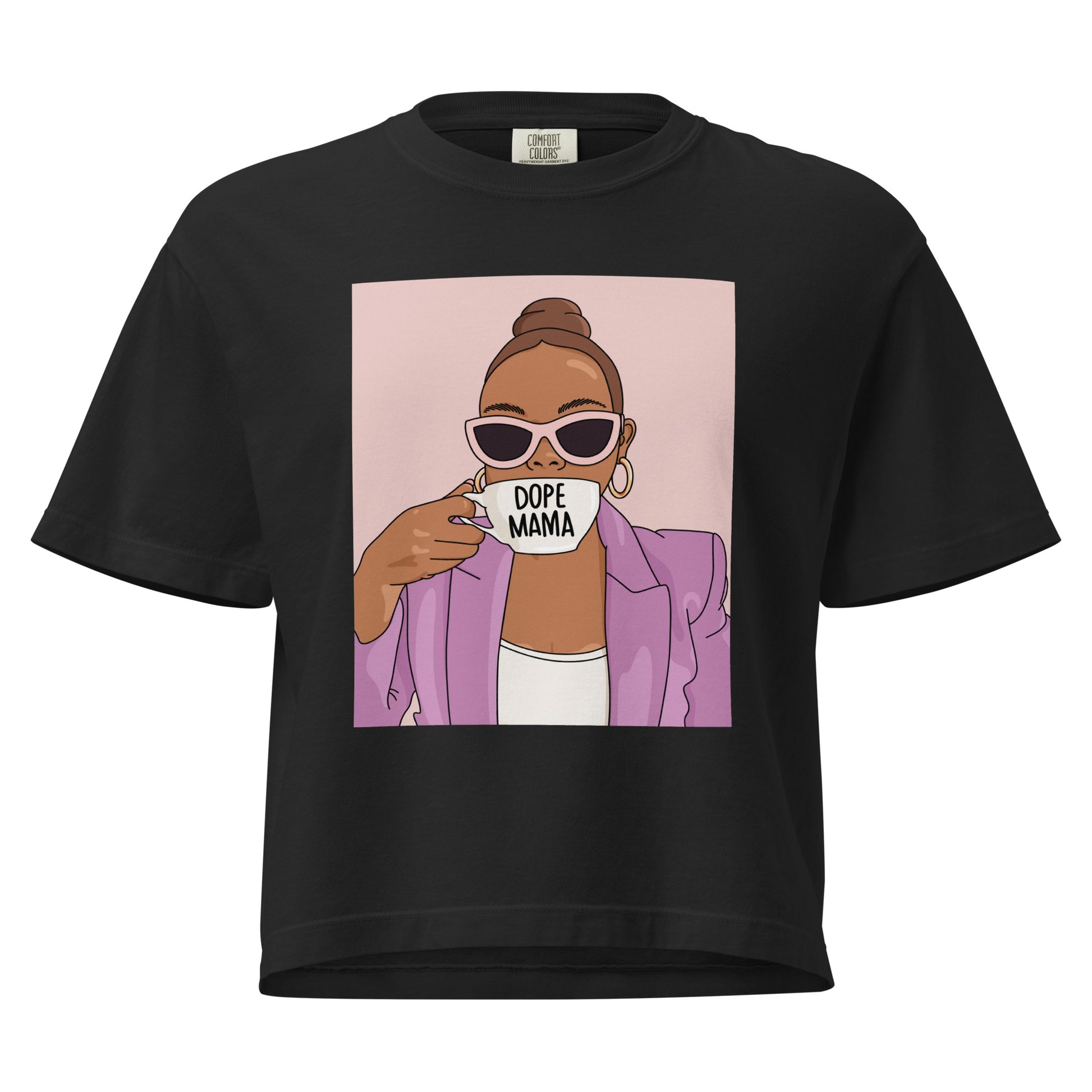 Black t-shirt with a graphic of a black woman holding a coffee cup labeled 'Dope Mama' on a white background