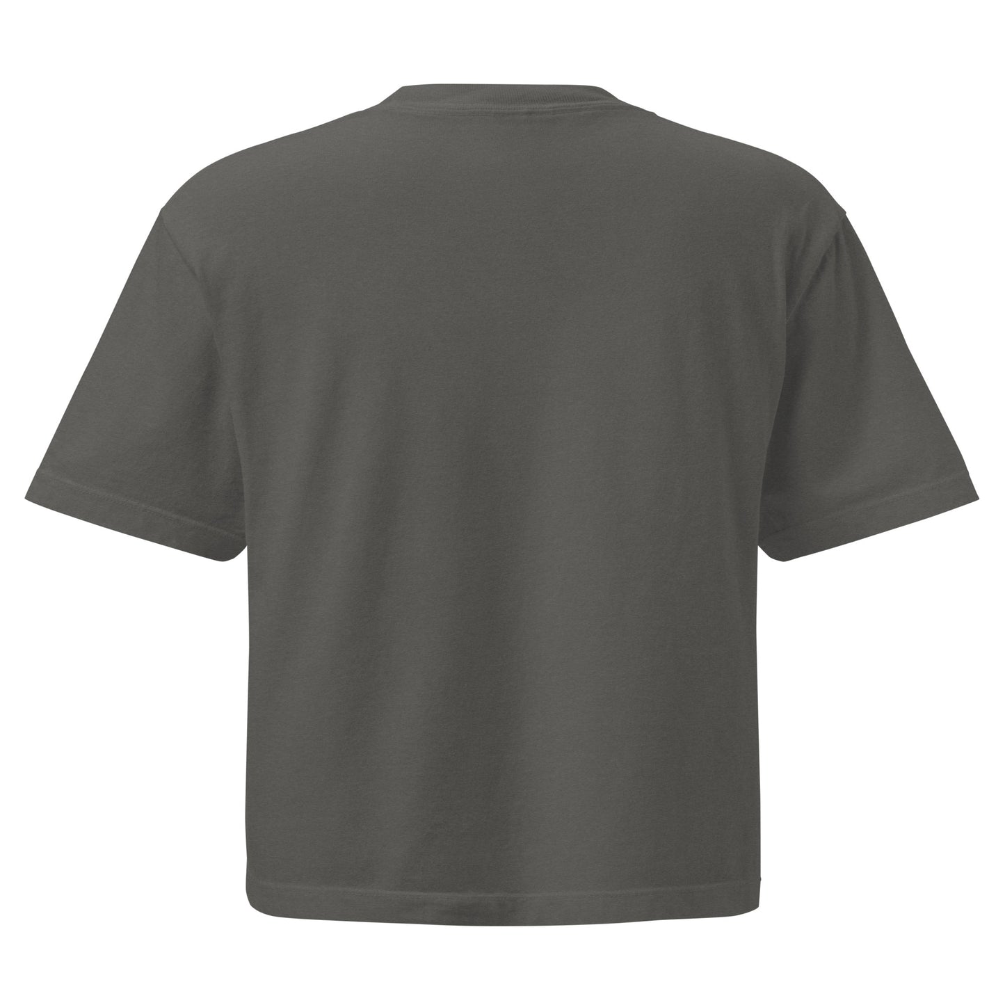 The back of a plain dark gray t-shirt called pepper on a white background