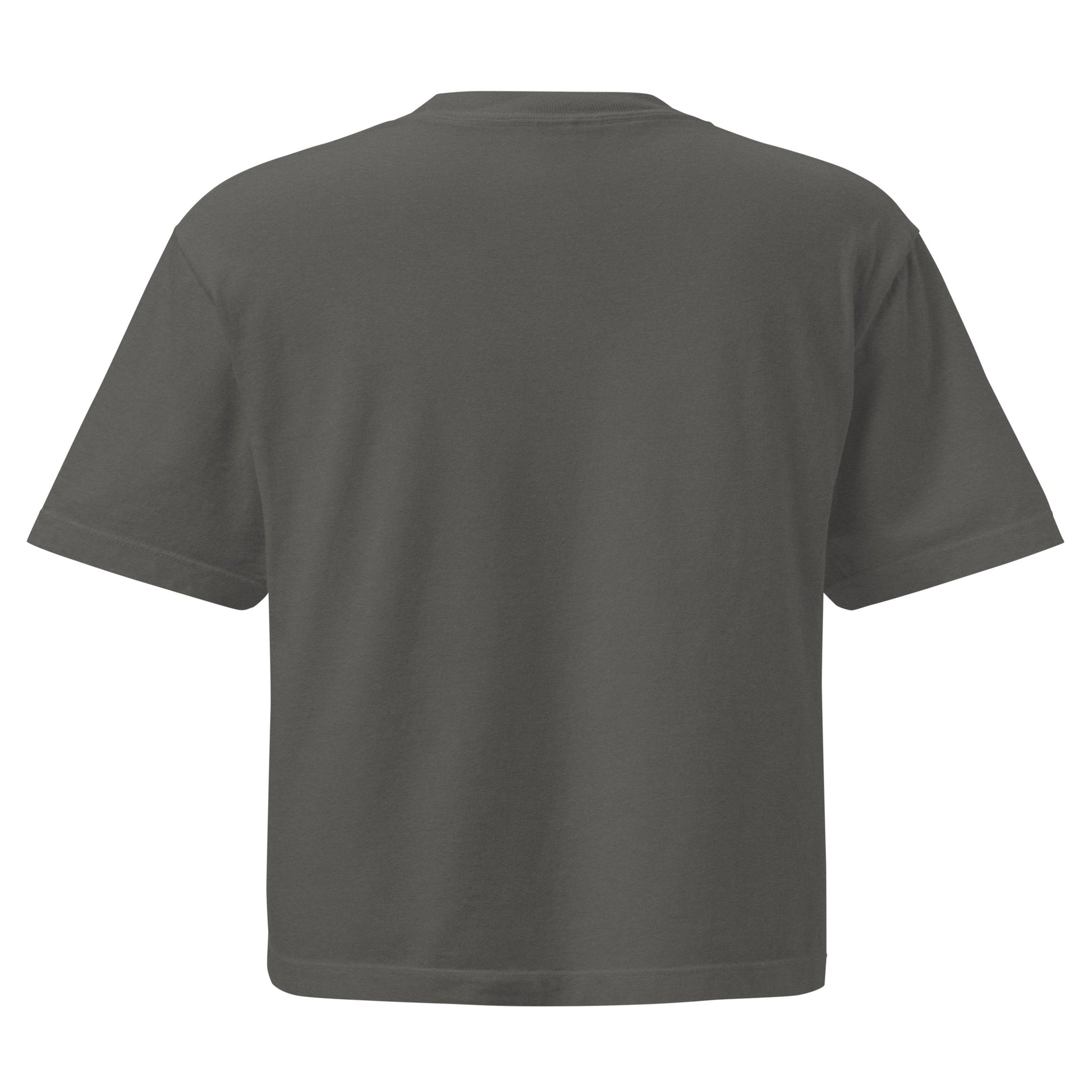 The back of a plain dark gray t-shirt called pepper on a white background