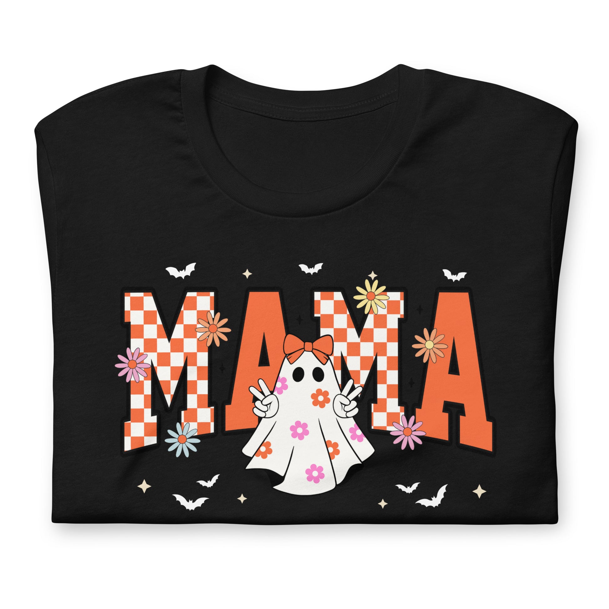 Folded Groovy Momma Halloween tee in black with ghost and lightning bolt graphic – women’s retro Halloween shirt