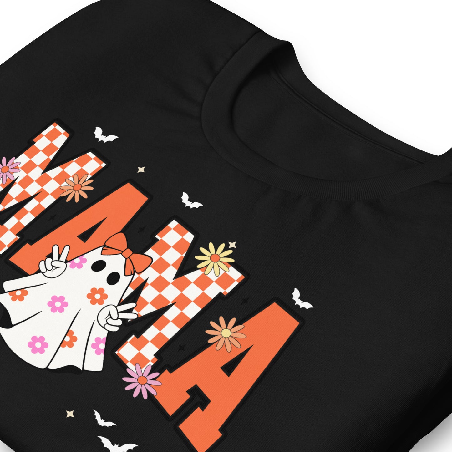  Folded Groovy Momma Halloween tee in black with ghost and lightning bolt graphic – women’s retro Halloween shirt