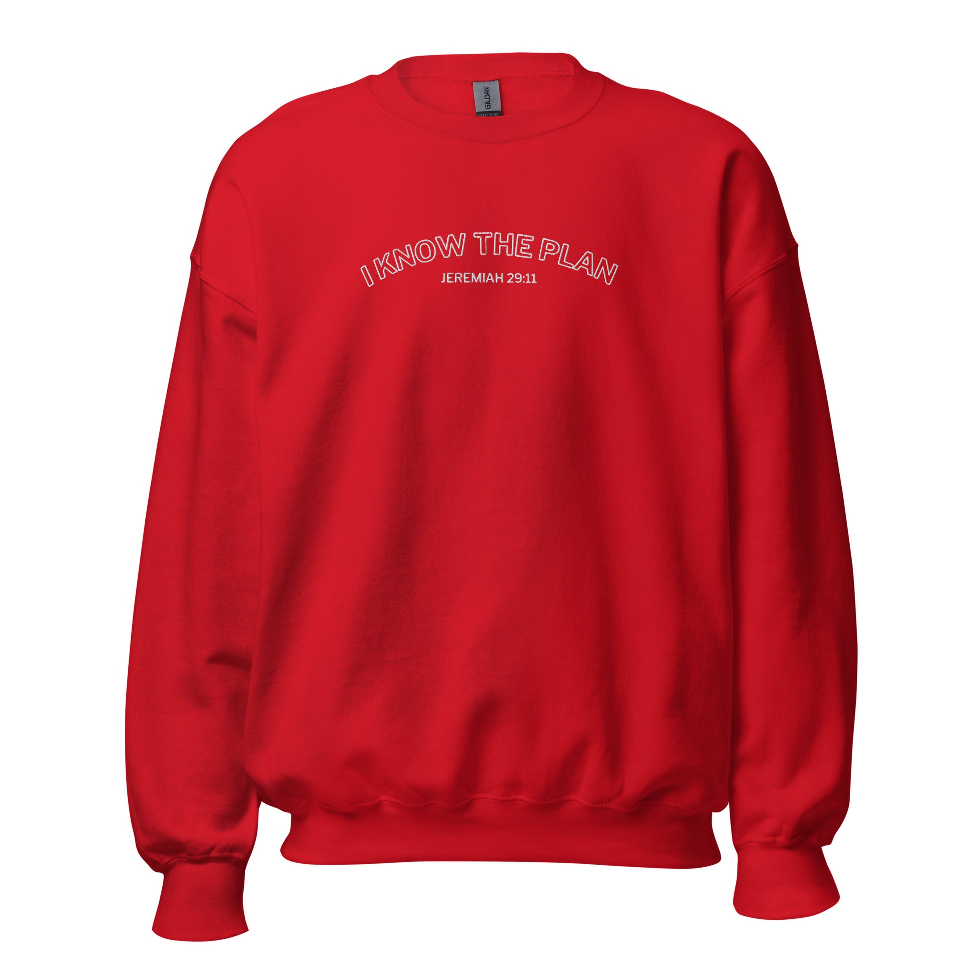 I Know the Plan embroidered sweatshirt Jeremiah 29:11 in red