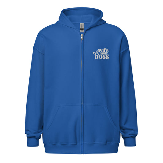 wife mom boss embroidered zip up hoodie front view