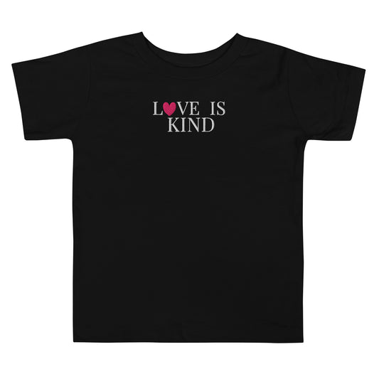 Black t-shirt with 'LOVE IS KIND' text on a white background