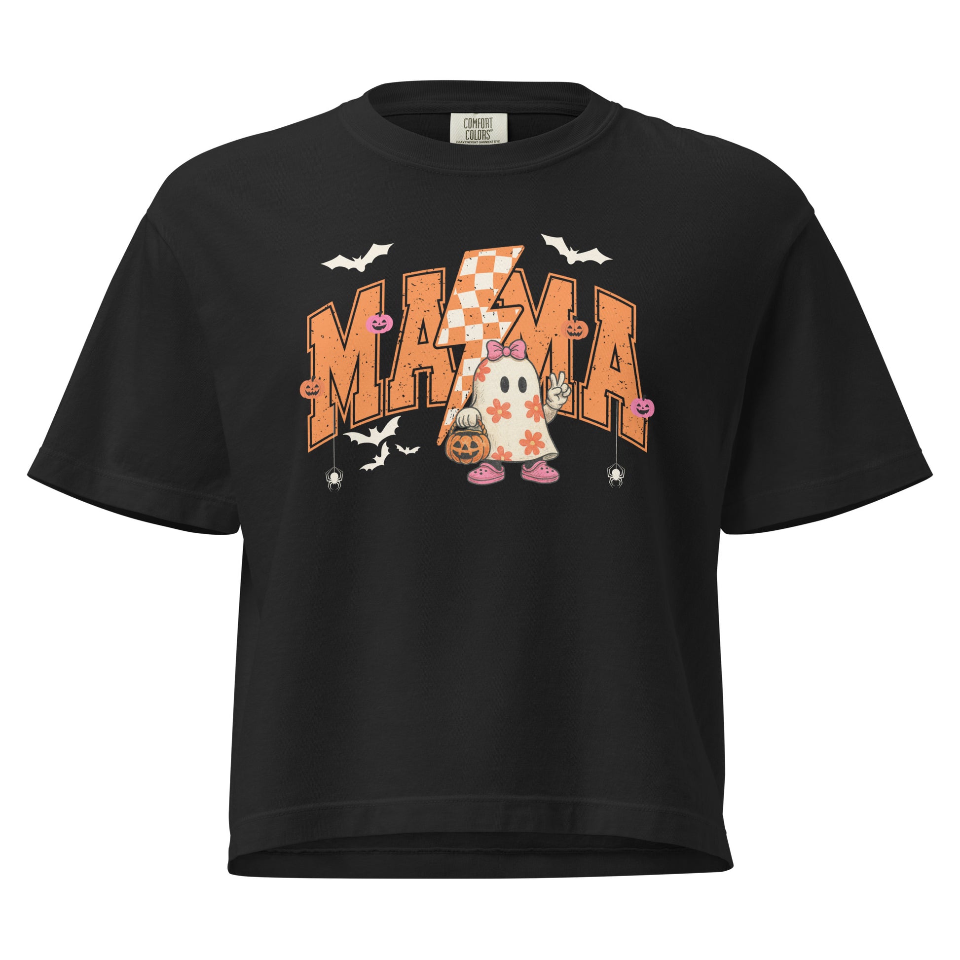 Black Halloween women’s tee with vintage ghost and lightning bolt design – boxy spooky shirt