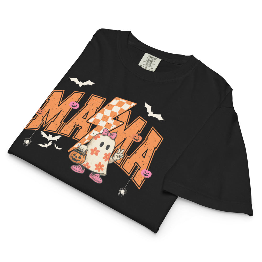 Black Halloween women’s tee with vintage ghost and lightning bolt design – boxy spooky shirt close up folded Picture 