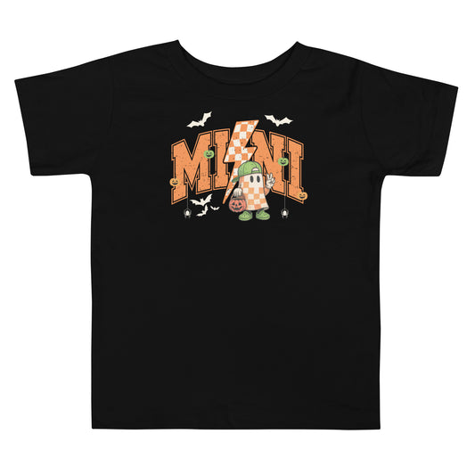 Mini Vintage Halloween toddler t-shirt in orange and green with ghost and lightning bolt – part of Mommy & Me Blessed & Boo Halloween Collection with matching Mom tee