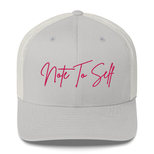 grey note to self trucker hat pink embroidery casual minimal hat women outfit accessory