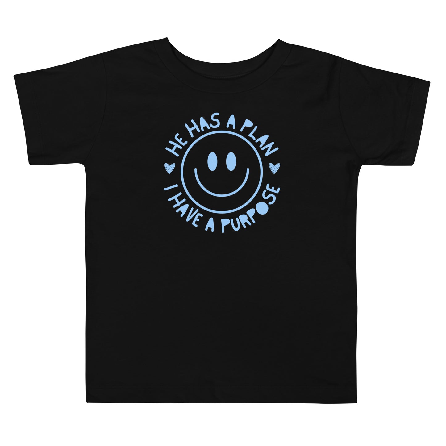 black toddler t-shirt with "He has a plan i Have A purpose" smiley face graphic in blue