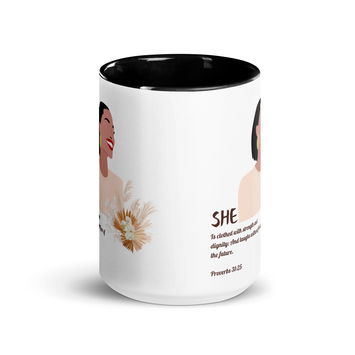 She Is Mug – 15oz ceramic coffee mug with white exterior, black interior and handle, featuring a woman looking to the sky and Proverbs 31:25 inspirational design for women of faith.”