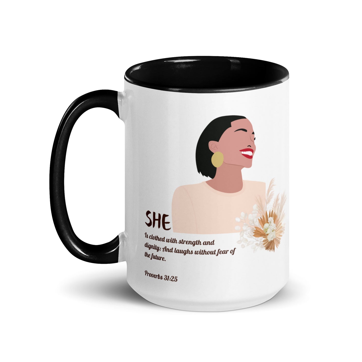 She Is Mug – 15oz ceramic coffee mug with white exterior, black interior and handle, featuring a woman looking to the sky and Proverbs 31:25 inspirational design for women of faith.