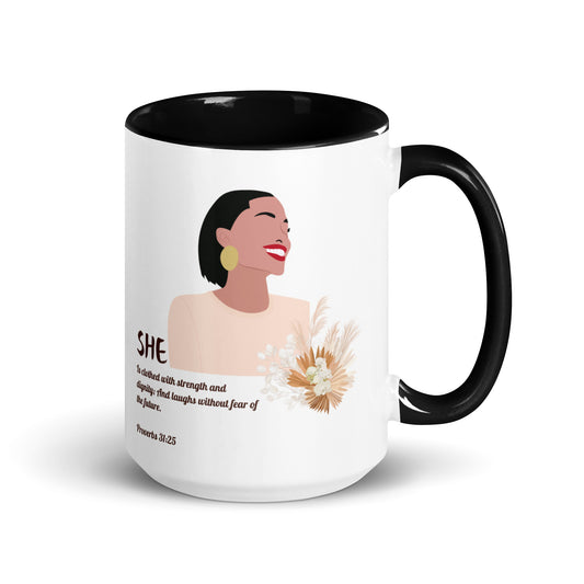 She Is Mug – 15oz ceramic coffee mug with white exterior, black interior and handle, featuring a woman looking to the sky and Proverbs 31:25 inspirational design for women of faith.