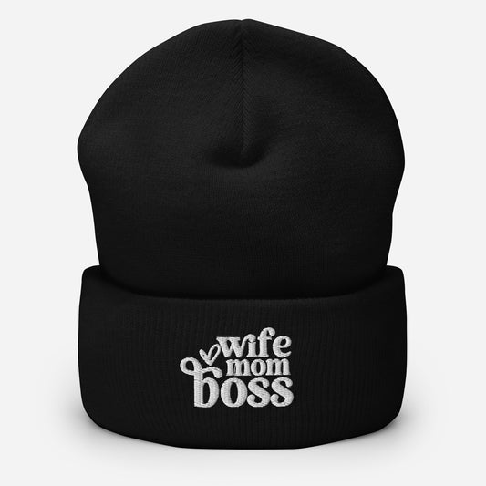 Black Wife Mom Boss Beanie – Inspirational Christian Mom Hat – Cozy Embroidered Knit Gift for Mom