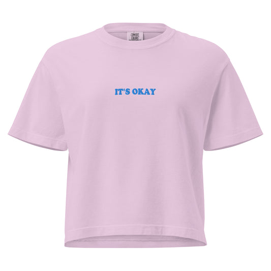Front view Orchid “It’s Okay” embroidered boxy t-shirt for women, minimal affirmation tee styled for a casual everyday outfit